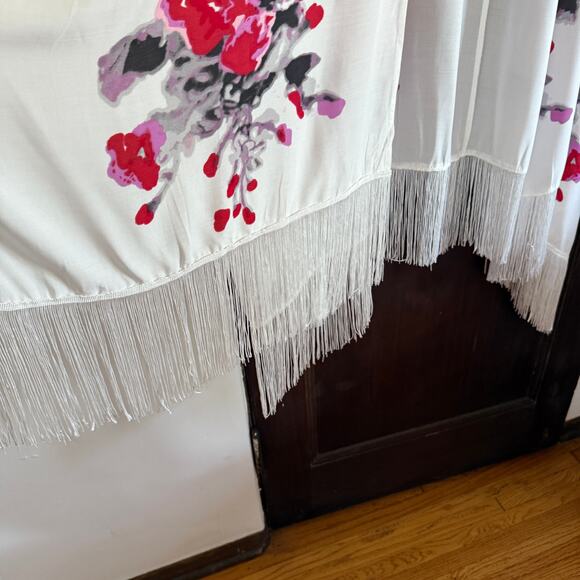 CURATIONS | Black Red and White Fringe Trimmed Kimono Swim cover up | 2x - 3X - Picture 6 of 6